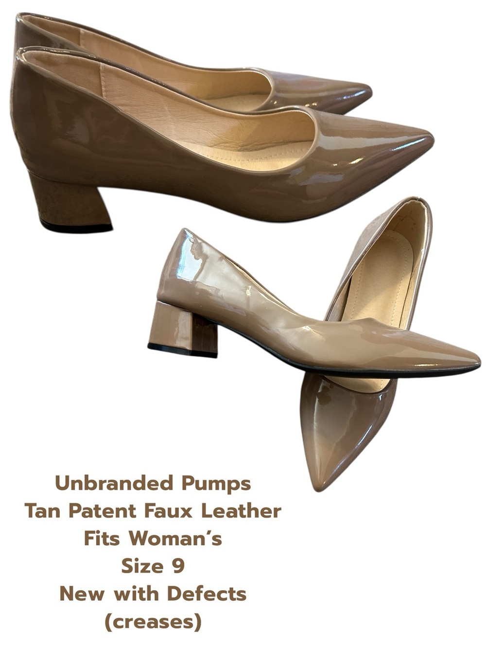 NEW! Unbranded Tan Patent Faux Leather Low Block Heel Pumps